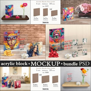May include: A mockup template for acrylic blocks in various sizes. The template features a grid overlay for easy placement of artwork. The blocks are shown in different sizes, including 5x7 inches, 7x7 inches, and 8x6 inches. The template is labeled "MOCKUP" and includes the text "Acrylic Block" and the size of the block in inches and centimeters.