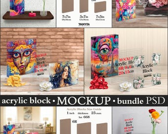 Akryl transparenta fotoblock 2,5 cm, vertikala horisontella 5R 6R fyrkantiga block, bunt Photoshop Photopea-mockups, block på bord och hylla