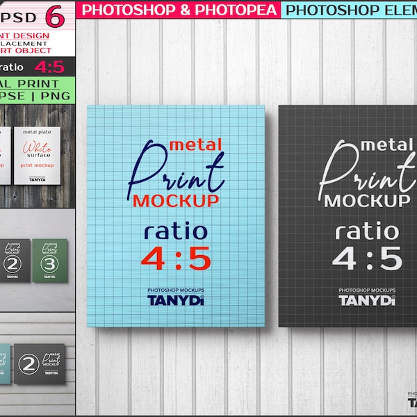 Set of 2 & 3 Metal Prints on Wall, 24x30 16x20 8x10, Photoshop Photopea Elements Mockup, White Silver Surface, Vertical Horizontal PNG plate