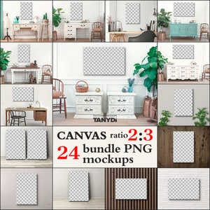 Bundle of 24 PNG Canvas Mockups, Empty Opening 2:3 Aspect Ratio, Add Design via Canva PNG, Blank Canvas Print Set on Interior Wall & Floor
