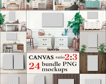 Bundle of 24 PNG Canvas Mockups, Empty Opening 2:3 Aspect Ratio, Add Design via Canva PNG, Blank Canvas Print Set on Interior Wall & Floor