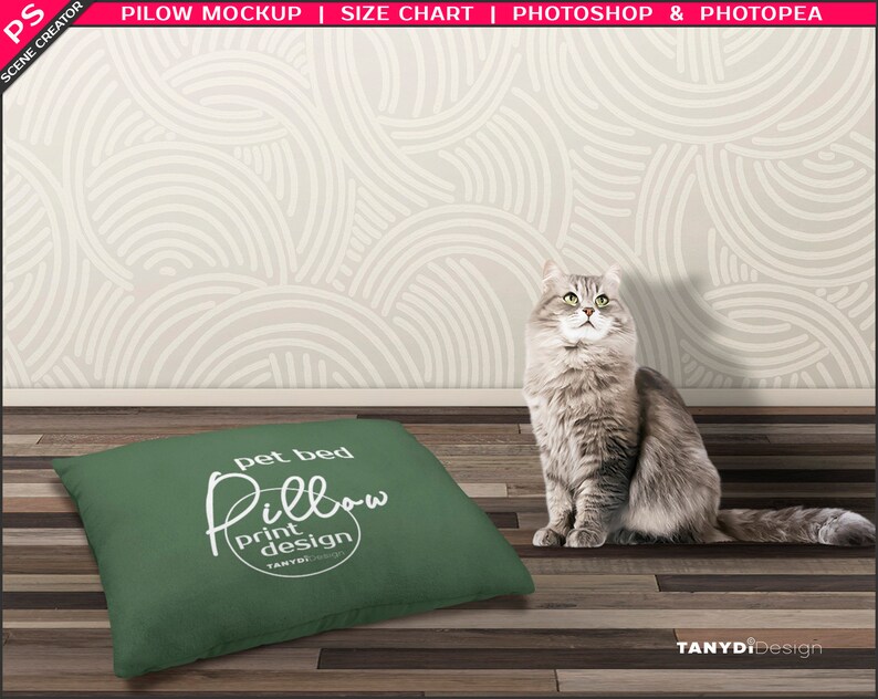 May include: A green pet bed pillow with the text "pet bed Pillow print design TANYDI" in white. A gray cat is sitting on a wooden floor in front of the pillow.