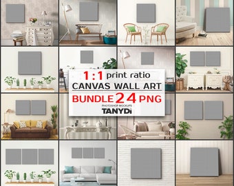 Blank Canvas Print on Wall & Floor, Bundle of 24 PNG Styled Artwork Display Mockup Scenes, Empty Opening 1x1, PNG Square Textured Canvas