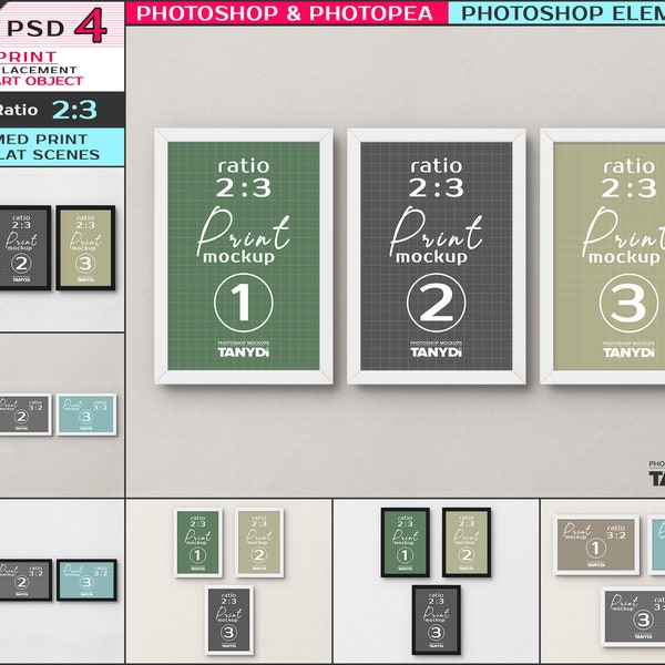 Set of 3 Metal Frames, 16x24 24x36, Framed Print on Wall, Photoshop Photopea Mockup PSE, Vertical Horizontal, PNG Flat Scenes F23-2
