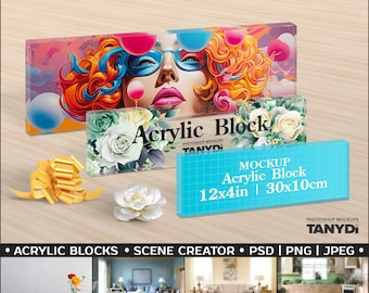 Panoramic Acrylic Photo Block, Pano 12x4x1, 16x4x1, 20x6x1, Photoshop Photopea Photo Mockup, PNG Transparent Blocks on Table Shelf Floor