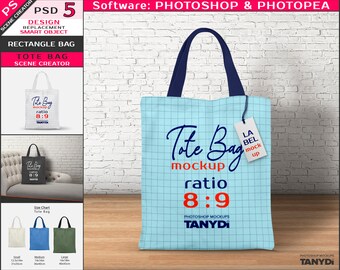 Rectangle Tote Bag with Fabric Handles, Cotton Fabric Tote on Sofa & Floor, 16x18in 40x45cm, Photoshop Photopea Mockup TB-1_VR, Size Chart