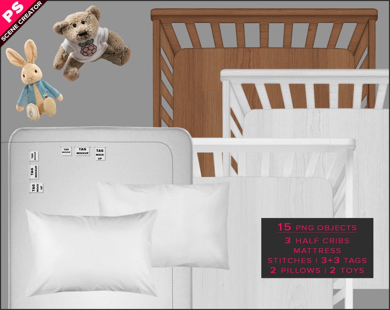 Crib Bedding Mattress Photoshop Fabric Mockup, PNG Top Half Crib Mattress Tags Pillows Toys, Smart object mock-up, Scene creator TC-M-0 image 7