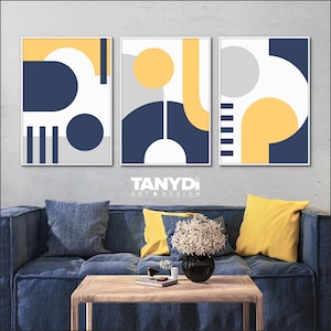 Set van 3 Bauhaus-kunst met eenvoudige geometrie, blauwgeel grijstint, moderne afdrukbare kunst uit het midden van de eeuw, groot abstract Europees woondecor a332
