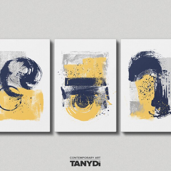 Blue Yellow Grey Tone, Brush Strokes Art, Set of 3 Abstract Painting Prints, Printable Acrylic Painting, Modern Wall Art, Home Office Decor