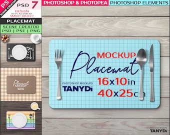 Rectangle Placemat on Table, 16x10 in, 40x25 cm, Photoshop Photopea Elements Mockup, Rounded Corners Mat, PNG Mat Plate Cutlery Glass Cups