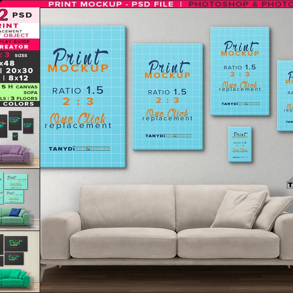 Wall display guide 32x48 24x36 20x30 16x24 8x12 Scene creator, Photoshop print Mockup Vertical & Horizontal Canvas, Sofa interior 1-5C