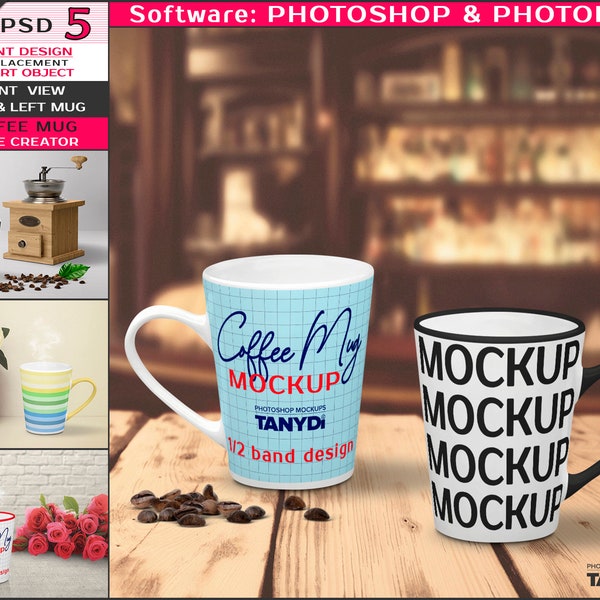 Mug with Coffee Grinder & Beams, Right Left Mug on Bar Counter, Photoshop Photopea Mockup, White Coffee Mug 15oz, Scene Creator M11-2