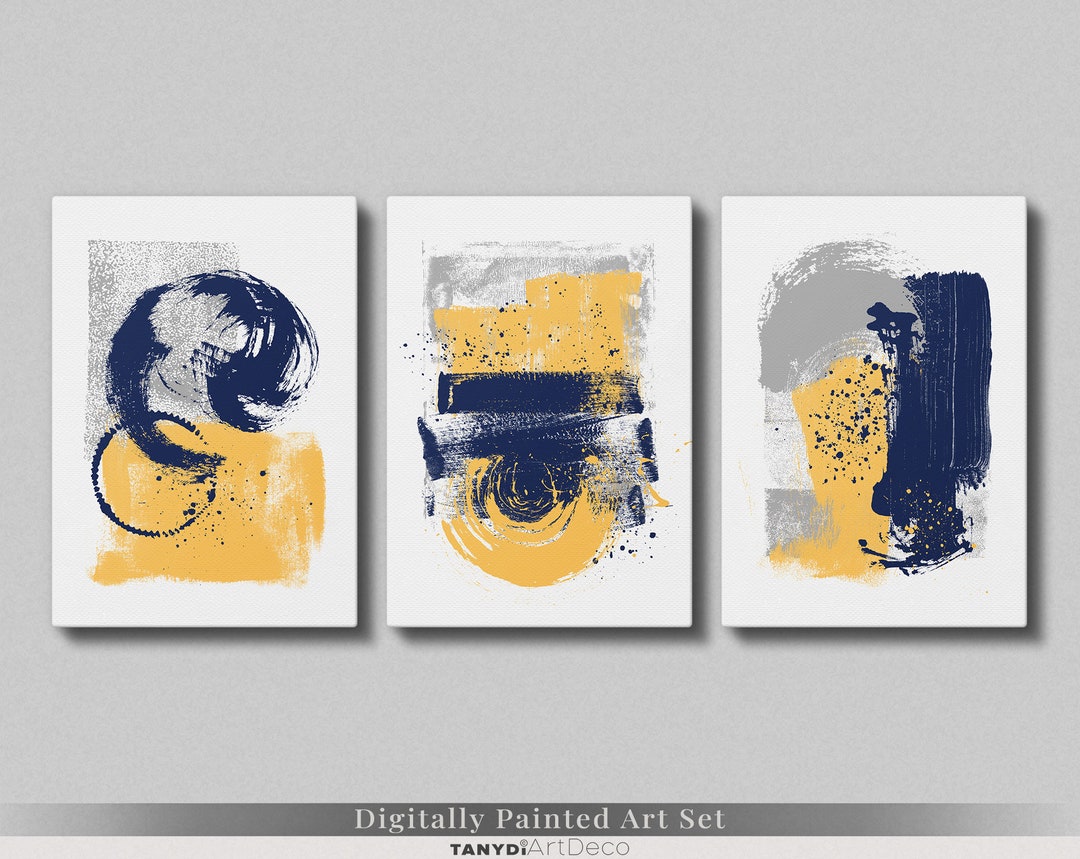 Blue Yellow Grey Tone Brush Strokes Art Set of 3 Abstract - Etsy