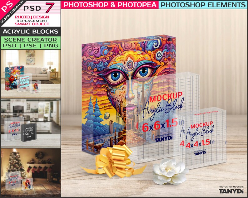 Set of 3 Acrylic Photo Blocks, Square Block 4x4, 6x6, 8x8 in, Photoshop Photopea Elements Photo Mockup, PNG Transparent Blocks 1.5in 40mm