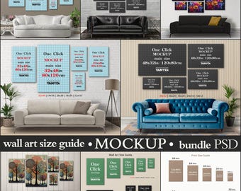 5 Canvas Wall Art Size Guide, 32x48 24x36 20x30 16x24 12x18, Photoshop Photopea Print Mockup, Vertical & Horizontal, Living Room Interior