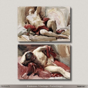 Naked Male Model Paintings, Man with Red Drapery Prints, Vintage Gallery Wall Art Set, American Watercolor Art, Neutral Beige Red Tone