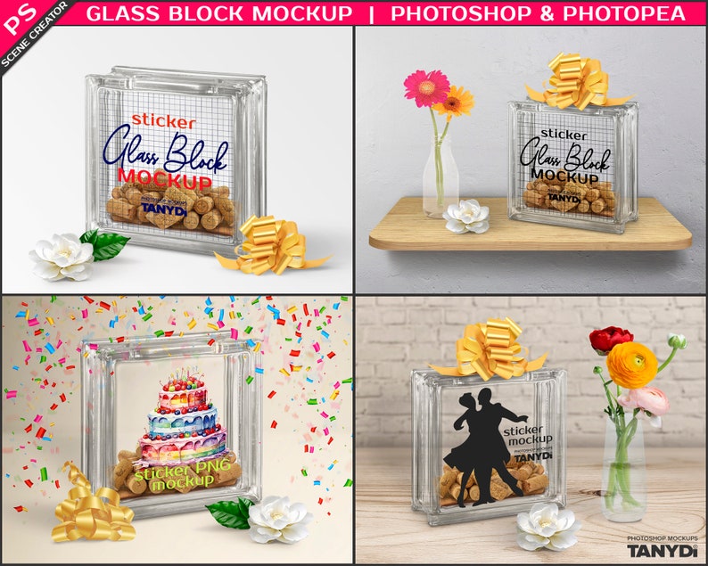 Decorative Clear Glass Block with Wine Corks, Photoshop Photopea Sticker Mockup, Left & Right Transparent Glass Block GB-1, Scene Creator image 2