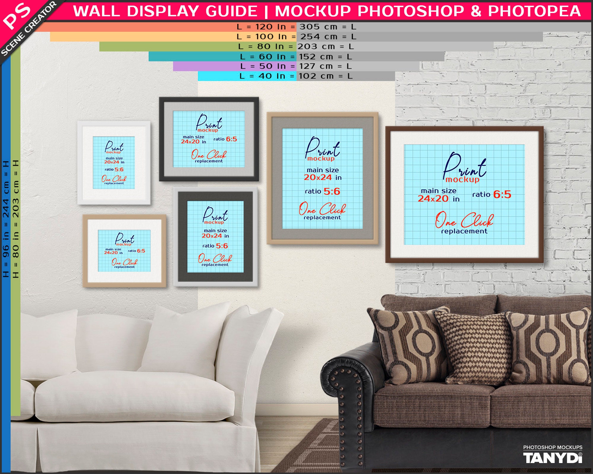 Wall Display Guide 20x24 16x20 11x14 8x10 Vertical Horizontal Framed Print  Art Sofa Interior Scene Creator 4F-R38 Photoshop Mockup 