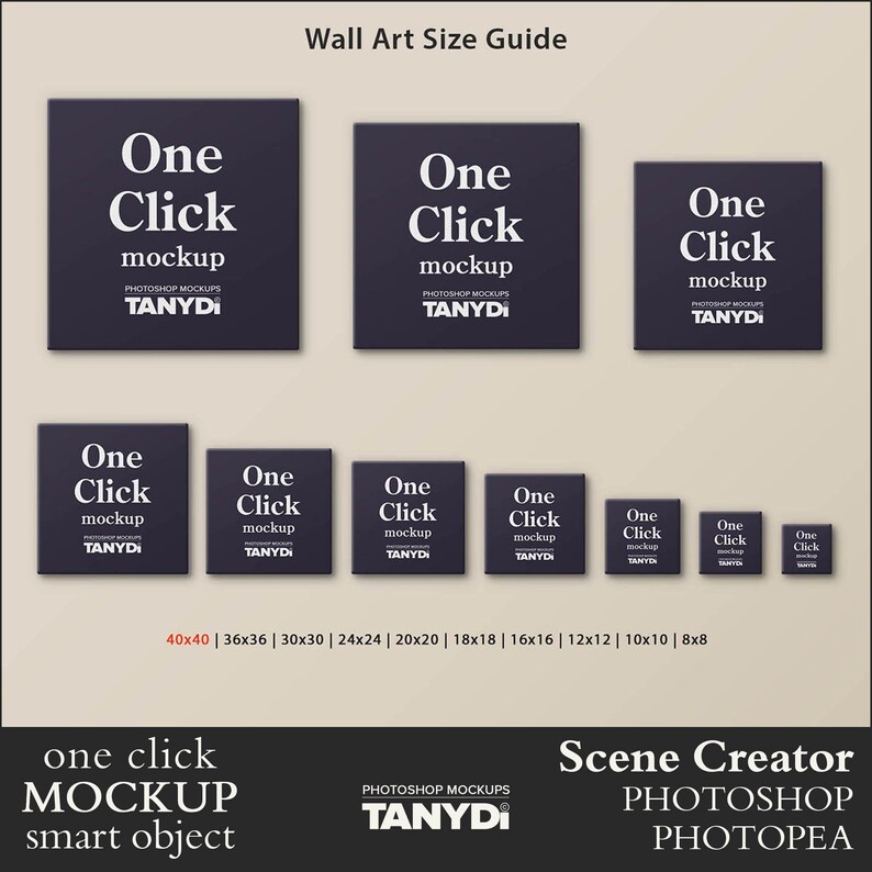 10 Square Canvas Wall Art Size Guide, 40x40 36x36 30x30 24x24 20x20 18x1816x16 12x12 10x10, Photoshop Photopea Mockup, Living Room Interior