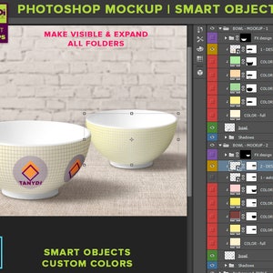 Bowl Photoshop Print Mockup, Cereal Bowl on Fabric Wood Table Top, Custom Scene Creator B2-0, Bowl set on table, Smart object Custom color image 8