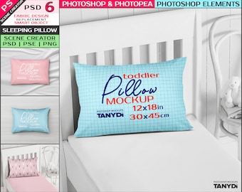 Toddler Bed Pillows 12x18in 30x45cm, Photoshop Photopea Elements Mockup, Flatten Sleeping Pillows, PNG cotton fabric pillows, Toddler bed