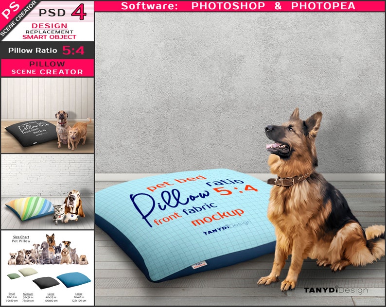 Pet Bed Large Medium Small Pillow, Dogs & Cats, 40x50in 100x125cm Pet Cushion, Size Chart, Photoshop Photopea Mockup, Scene creator PP2-54 image 1