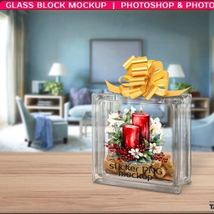 Decorative Clear Glass Block with Wine Corks, Photoshop Photopea Sticker Mockup, Left & Right Transparent Glass Block GB-1, Scene Creator image 6