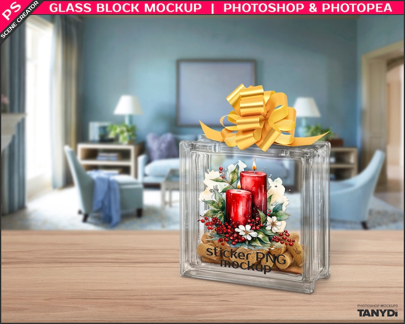 Decorative Clear Glass Block with Wine Corks, Photoshop Photopea Sticker Mockup, Left & Right Transparent Glass Block GB-1, Scene Creator image 6