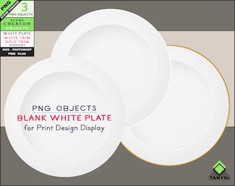 Blank PNG Dinner Plate, 3 PNG White plates P1, White trim plate, Gold trim plate, Non-Photoshop Scene creator, Dish objects DO-P1