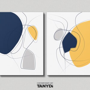 Blue Yellow Grey Tone, Minimalist Line Art, Set of 2 Digital Abstract Prints, Contemporary Printable Wall Decor A2-04, Retro Inspired Set