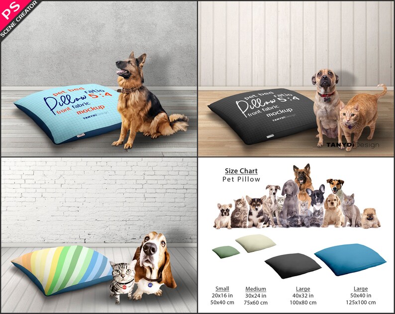 Pet Bed Large Medium Small Pillow, Dogs & Cats, 40x50in 100x125cm Pet Cushion, Size Chart, Photoshop Photopea Mockup, Scene creator PP2-54 image 2