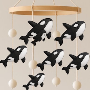 Handmade Felt Orca Baby Mobile – Ocean Nursery Decor, Black and White Whale Crib Mobile