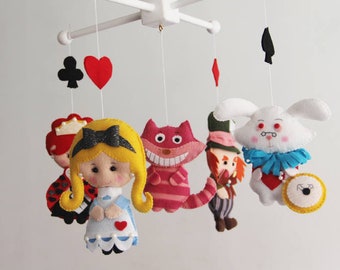 Baby Mobile Alice in Wonderland Nursery Crib Decor Cheshire Cat Queen Hearts White Rabbit