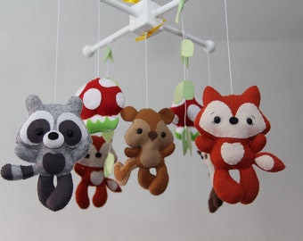 Woodland Baby Mobile- Forest Mobile- Cot/Crib Mobile - Hanging Mobile - Fox- Raccoon- Deer- Hedgehog- Bear