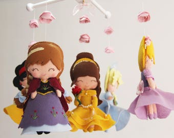 Baby Crib Mobile - Princess- Nursery Princess Mobile -Rapunzel,Snow White,Anna,Elsa,Beauty,