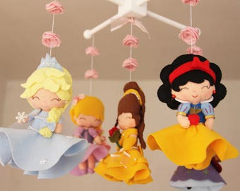 Baby Crib Mobile - Princess- Nursery Princess Mobile -Rapunzel,Snow White,Anna,Elsa,Beauty,