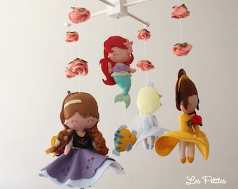 Baby Crib Mobile - Princess- Nursery Princess Mobile -Ariel,Snow White,Anna,Elsa,Beauty,