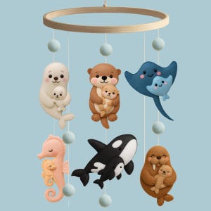 Mommy and Baby Ocean Animal Mobile – Handmade Felt Nursery Decor