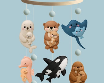 Mommy and Baby Ocean Animal Mobile – Handmade Felt Nursery Decor