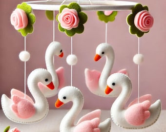 Móvil de cisne hecho a mano para bebé – Decoración rosa para la habitación del bebé