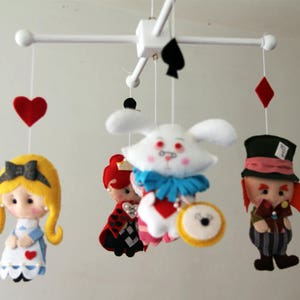 Baby Mobile Alice in Wonderland Nursery Crib Decor Cheshire Cat Queen Hearts White Rabbit
