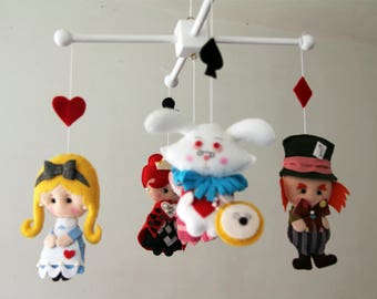 Baby Mobile Alice in Wonderland Nursery Crib Decor Cheshire Cat Queen Hearts White Rabbit