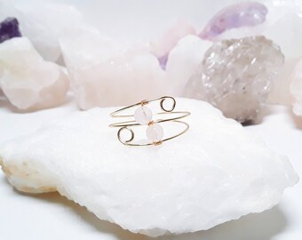 Gold Rose Quartz Ring, Wire Wrapped Statement Gold Ring, Gifts for Her, Dainty Gold Rings, Boho Midi Rings Gold