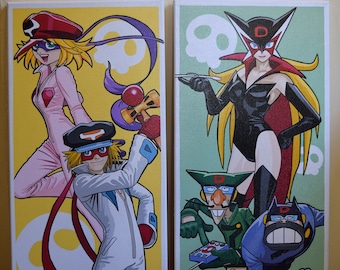 yatterman characters 2x(30 x 70 cm) - hand painted acrylic canvas