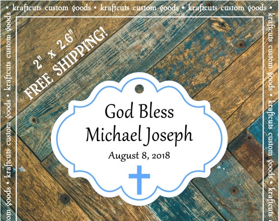 Personalized Baptism, Christening or First Communion God Bless Religious Favor Tags - Baby Boy Blue Border #780 FREE SHIPPING!