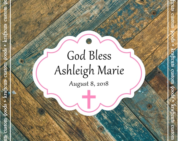 Personalized Baptism, Christening or First Communion God Bless Religious Favor Tags - Baby Girl Pink Border #781 FREE SHIPPING!