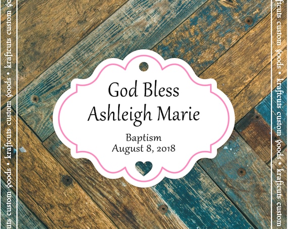Personalized Baptism, Christening or First Communion God Bless Religious Favor Tags - Baby Girl Pink Border #765 FREE SHIPPING!