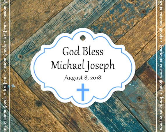 Personalized Baptism, Christening or First Communion God Bless Religious Favor Tags - Baby Boy Blue Border #780 FREE SHIPPING!