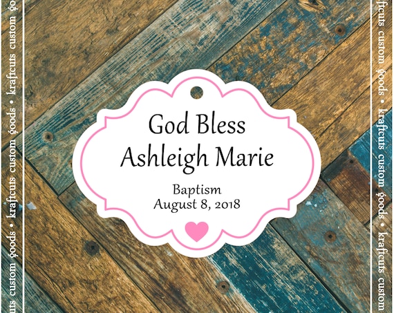 Personalized Baptism, Christening or First Communion God Bless Religious Favor Tags - Baby Girl Pink Border #770 FREE SHIPPING!