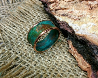 Steampunk Ring Copper Patina Ring 24KT Gold Leaf Patinated Copper And Black Ceramic Band Gears And Mechanical Parts